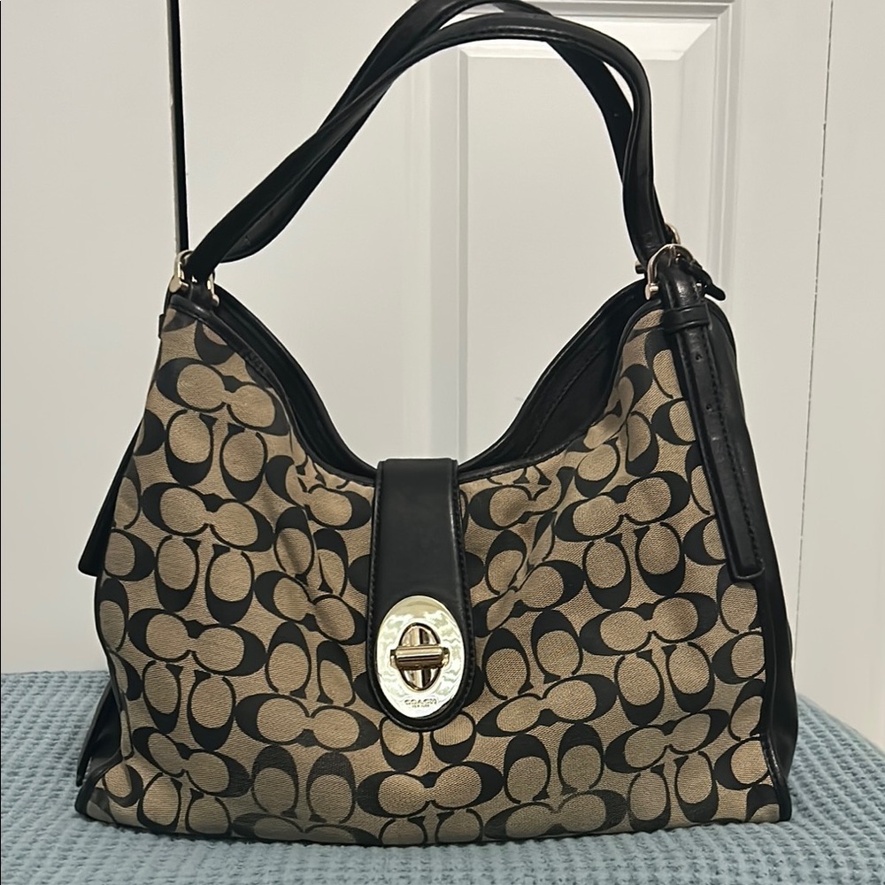 Coach Tan and Black Signature Shoulder Bag